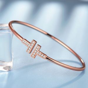 Double T Crystal Open Bangle Bracelet in Rose Gold